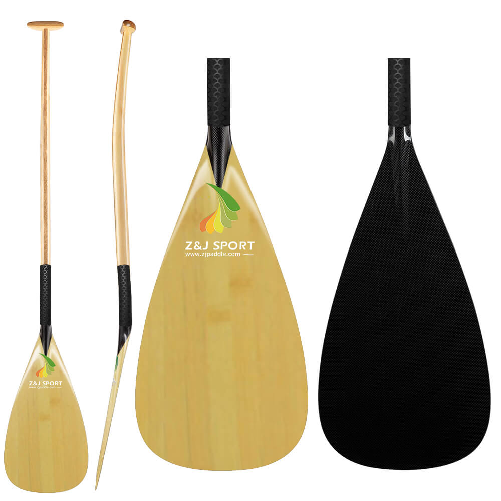 ZJ Hybrid Outrigger Canoe Paddle for Va‘a Carbon Blade Wooden Veneer Graphic Upper Bent Wood Shaft with Anti Skid Grip (HCOC-WV)