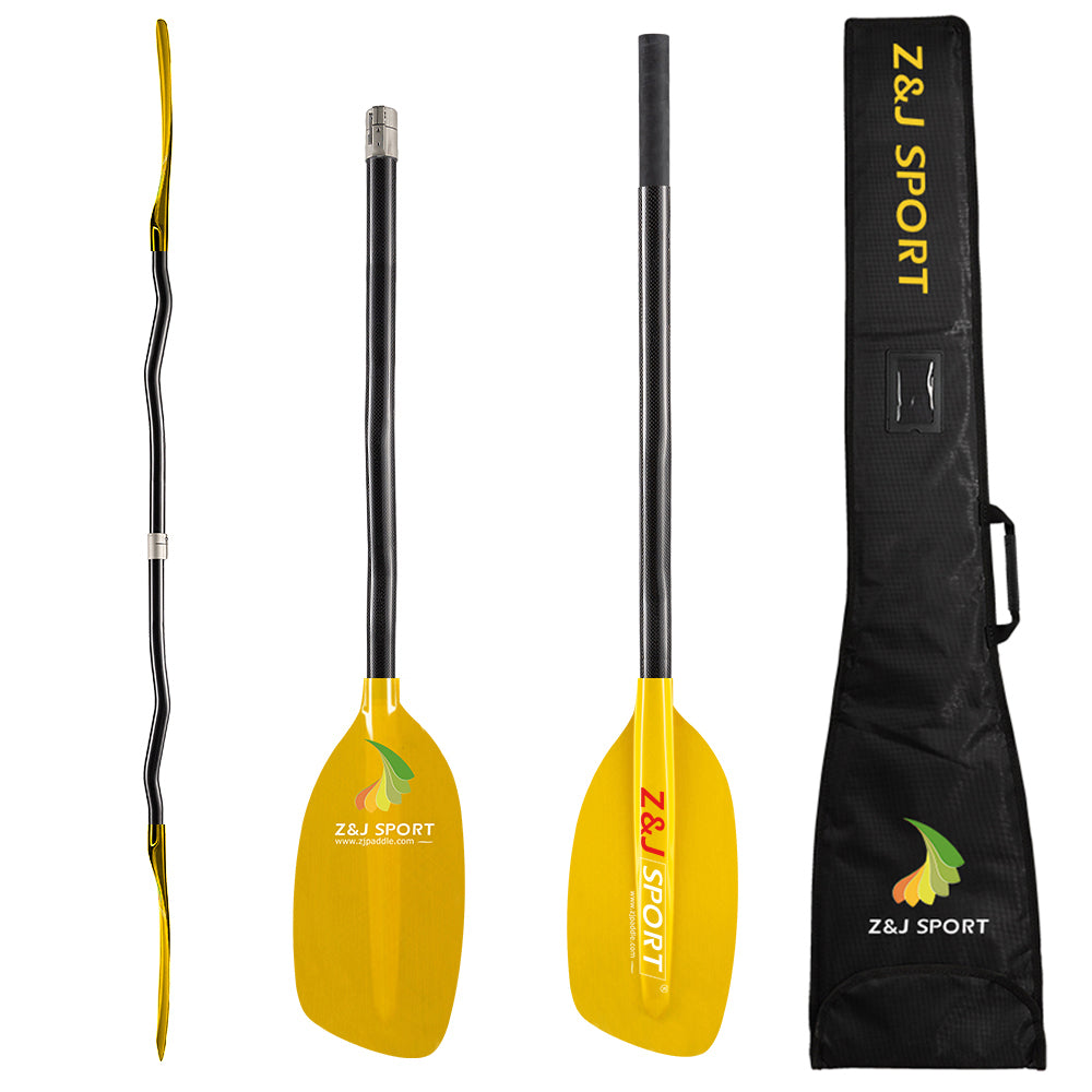 ZJ Whitewater Kayaking Paddle Translucent Fiberglass Blade Carbon Cranked Shaft and Paddle Bag