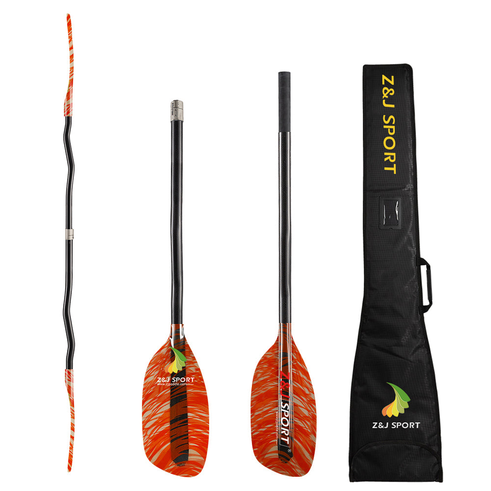 ZJ Whitewater Kayaking Paddle Fancy Fiberglass Blade Cranked Carbon Shaft and Paddle Bag