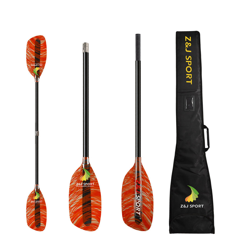 ZJ Whitewater Kayaking Paddle Fancy Fiberglass Blade Straight Carbon Shaft and Paddle Bag