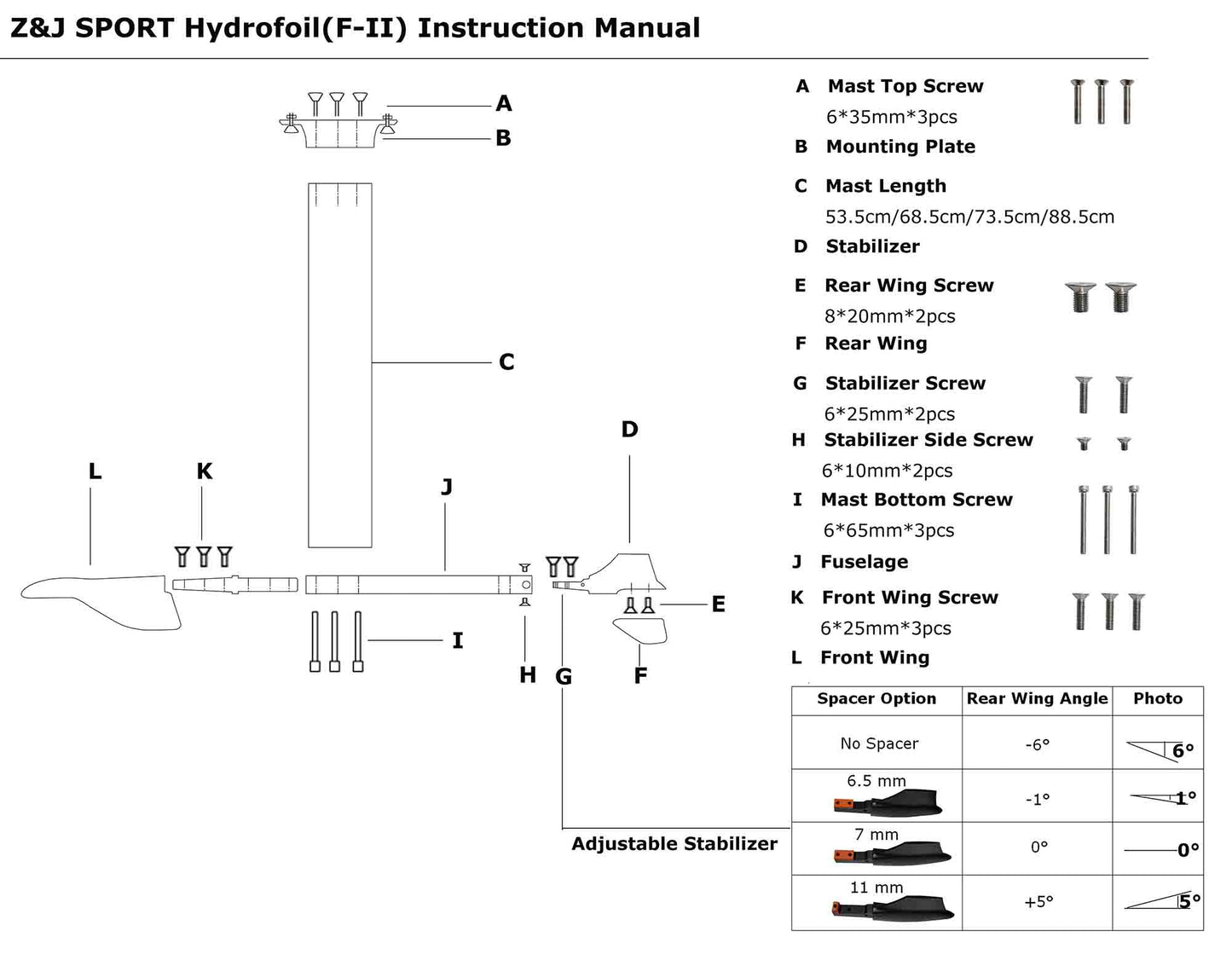 ZJ Hidrofólio de carbono para SUP Paddle Board Foil F-II com asas de carbono e mastro de alumínio