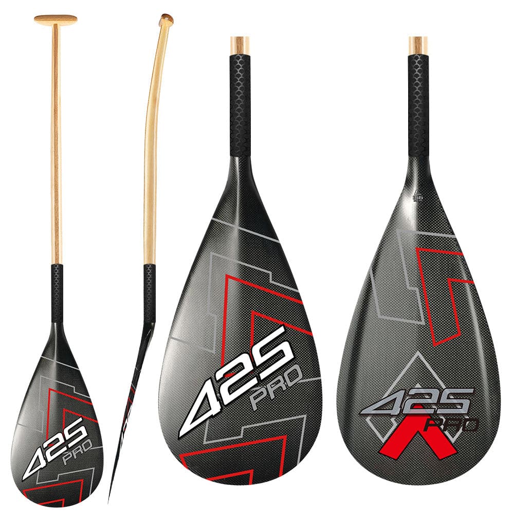 425Pro Outrigger Canoe Paddle for Va'a, Waka-ama, Vaka Carbon Blade Upper Bent Wood Shaft with Anti Skid Grip