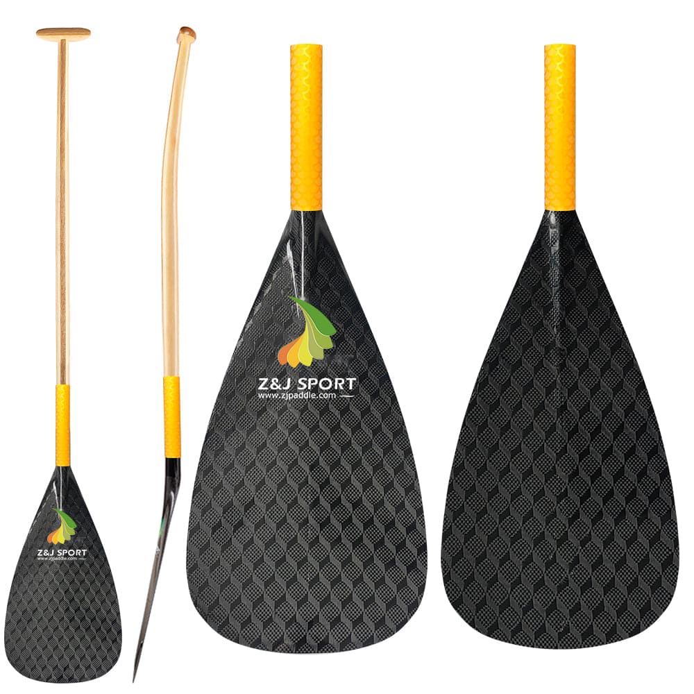 ZJ Hybrid Outrigger Canoe Paddle com lâmina de carbono e haste de madeira curvada na parte superior