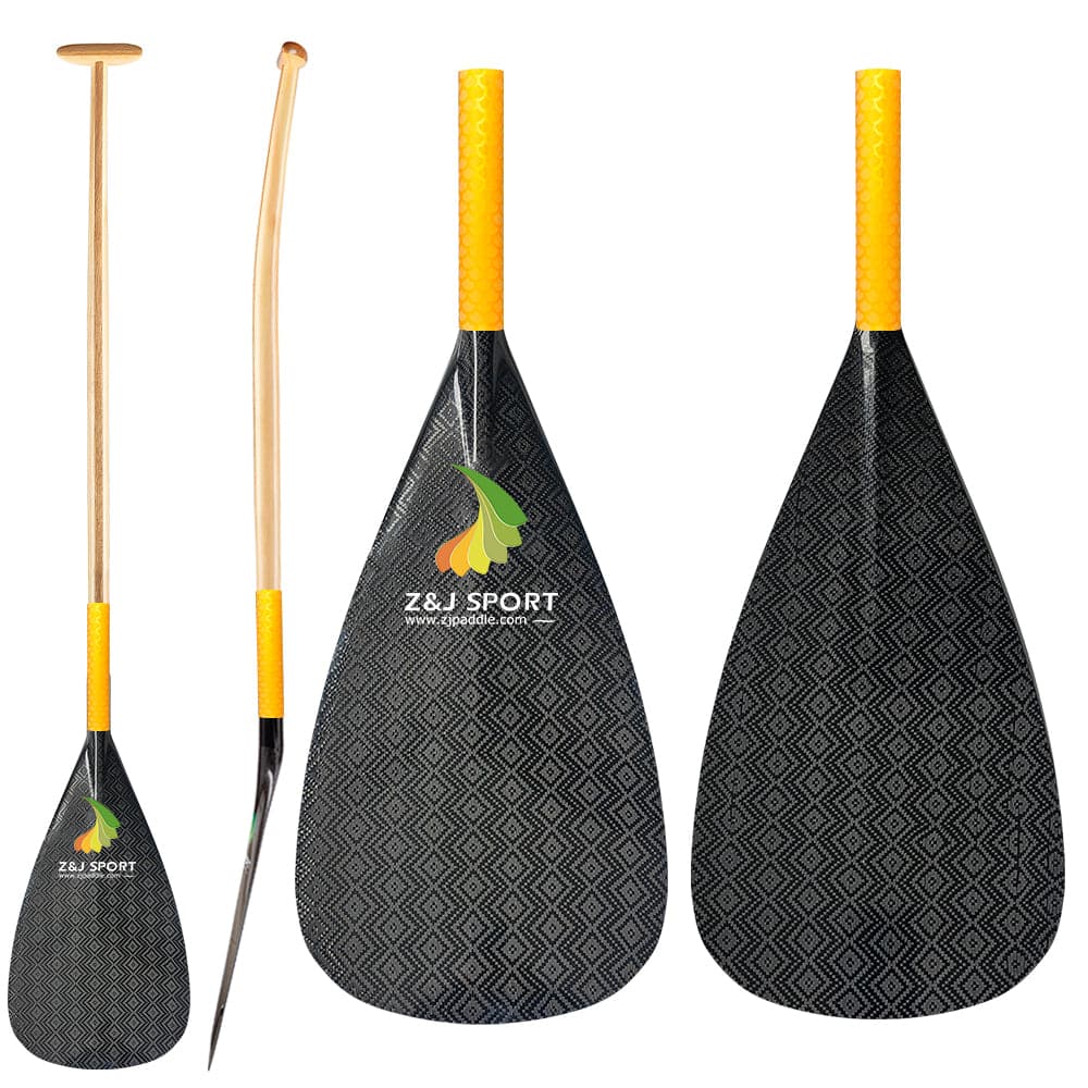 ZJ Hybrid Outrigger Canoe Paddle com lâmina de carbono e haste de madeira curvada na parte superior