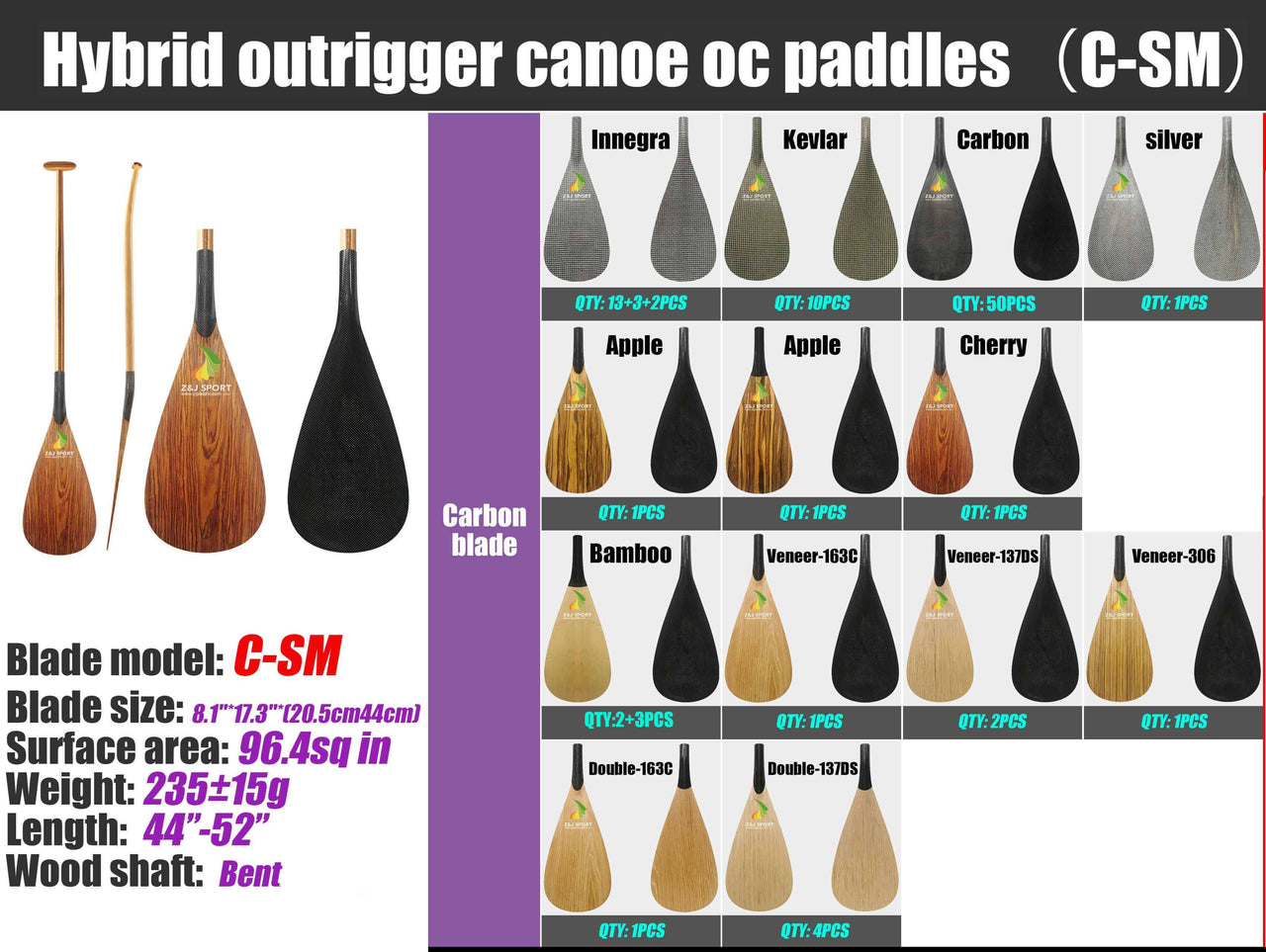 ZJ Hybrid Kids Outrigger Canoe Paddle for Va'a, Waka-ama, Vaka (SM: 96.4sq. in)