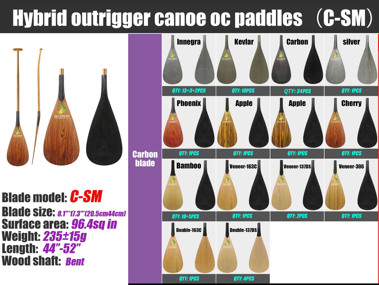 ZJ Hybrid Kids Outrigger Canoe Paddle for Va'a, Waka-ama, Vaka (SM: 96.4sq. in)