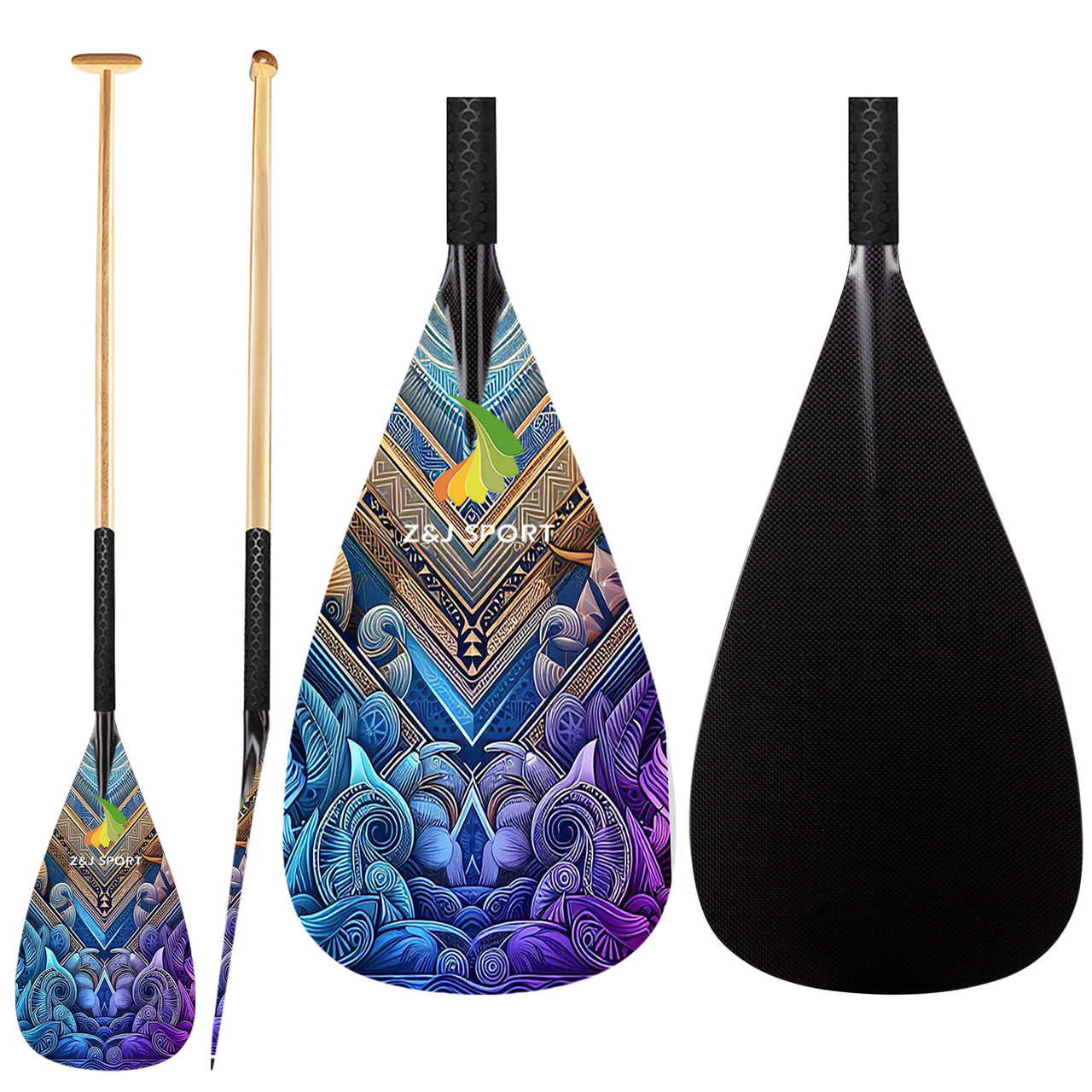 ZJ Hybrid Outrigger Canoe Paddle for Va'a, Waka-ama, Vaka Wood Shaft with Anti Skid Grip   (Graphics Optional/ Custom Designs)