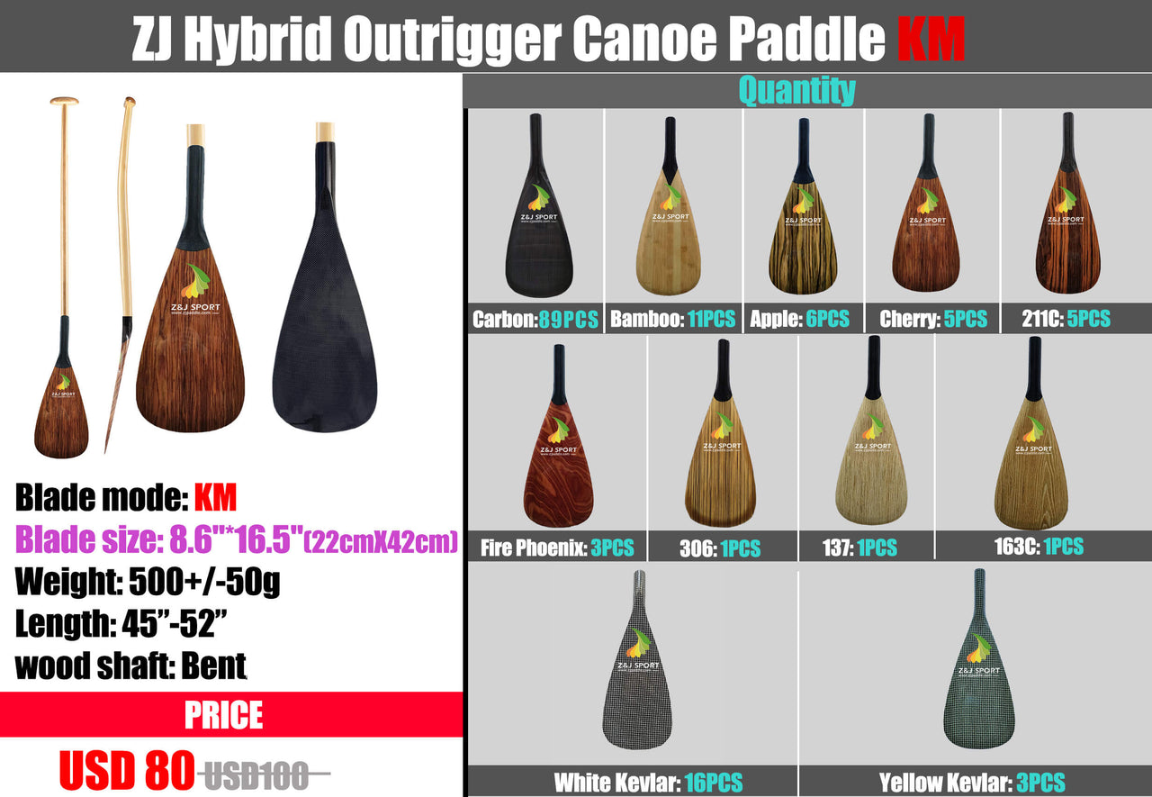 ZJ Hybrid Kids Outrigger Canoe Paddle for Va'a, Waka-ama, Vaka Carbon/Kevlar Blade (KM:22cm*42cm)