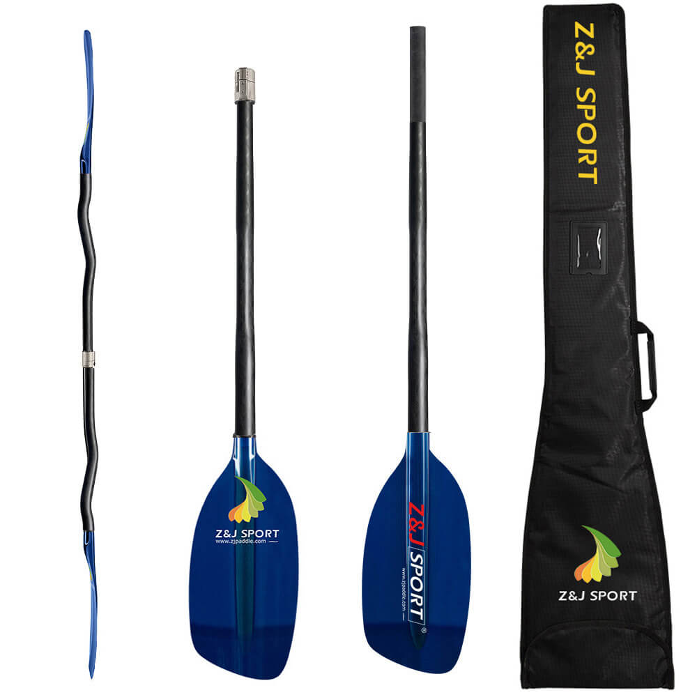 ZJ Whitewater Kayaking Paddle Translucent Fiberglass Blade Carbon Cranked Shaft and Paddle Bag