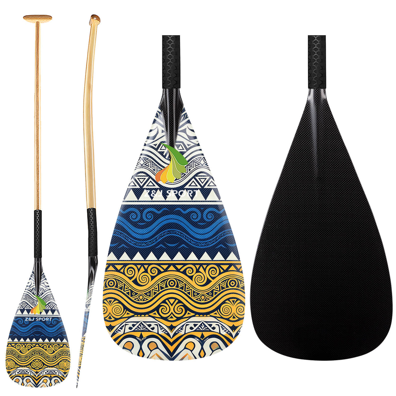 ZJ Hybrid Outrigger Canoe Paddle for Va'a, Waka-ama, Vaka Wood Shaft with Anti Skid Grip   (Graphics Optional/ Custom Designs)