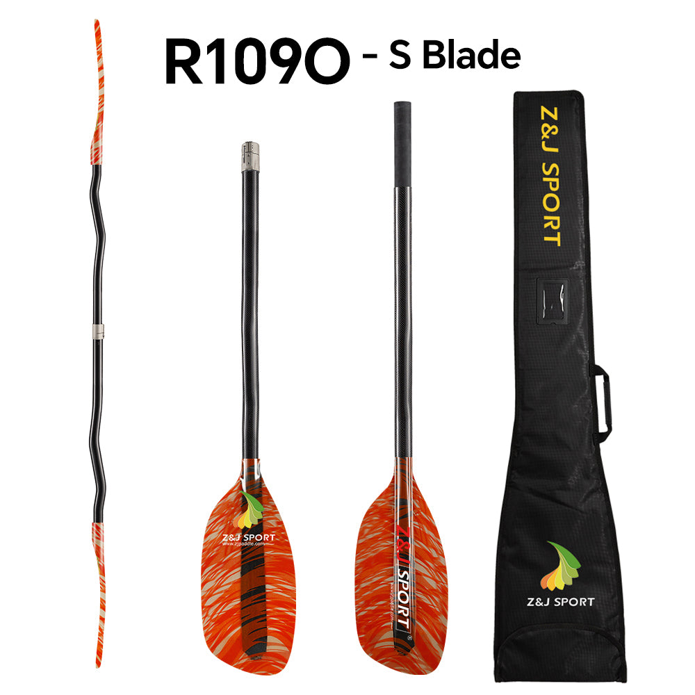 ZJ Whitewater Kayaking Paddle with Fancy Fiberglass Blade and Cranked Carbon Shaft and Paddle Bag