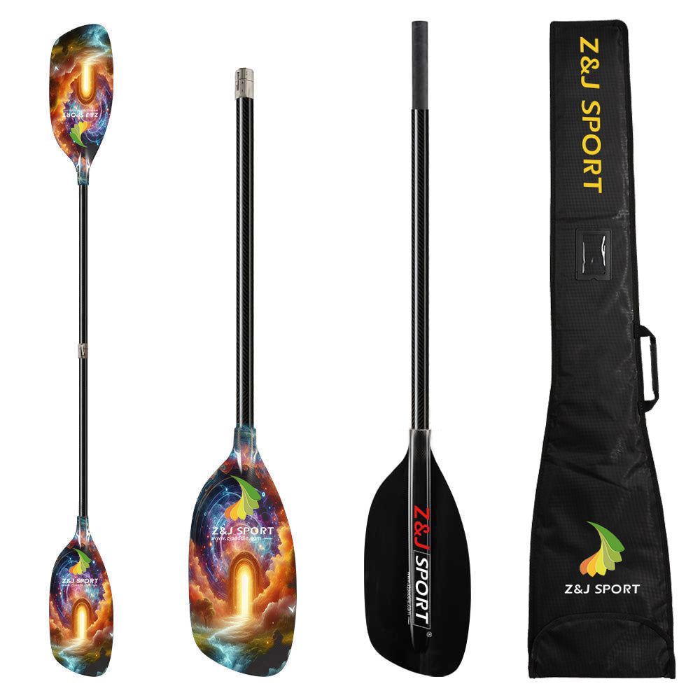 ZJ Full Carbon Whitewater Kayaking Paddle with Graphic Blade and Straight Shaft and Paddle Bag