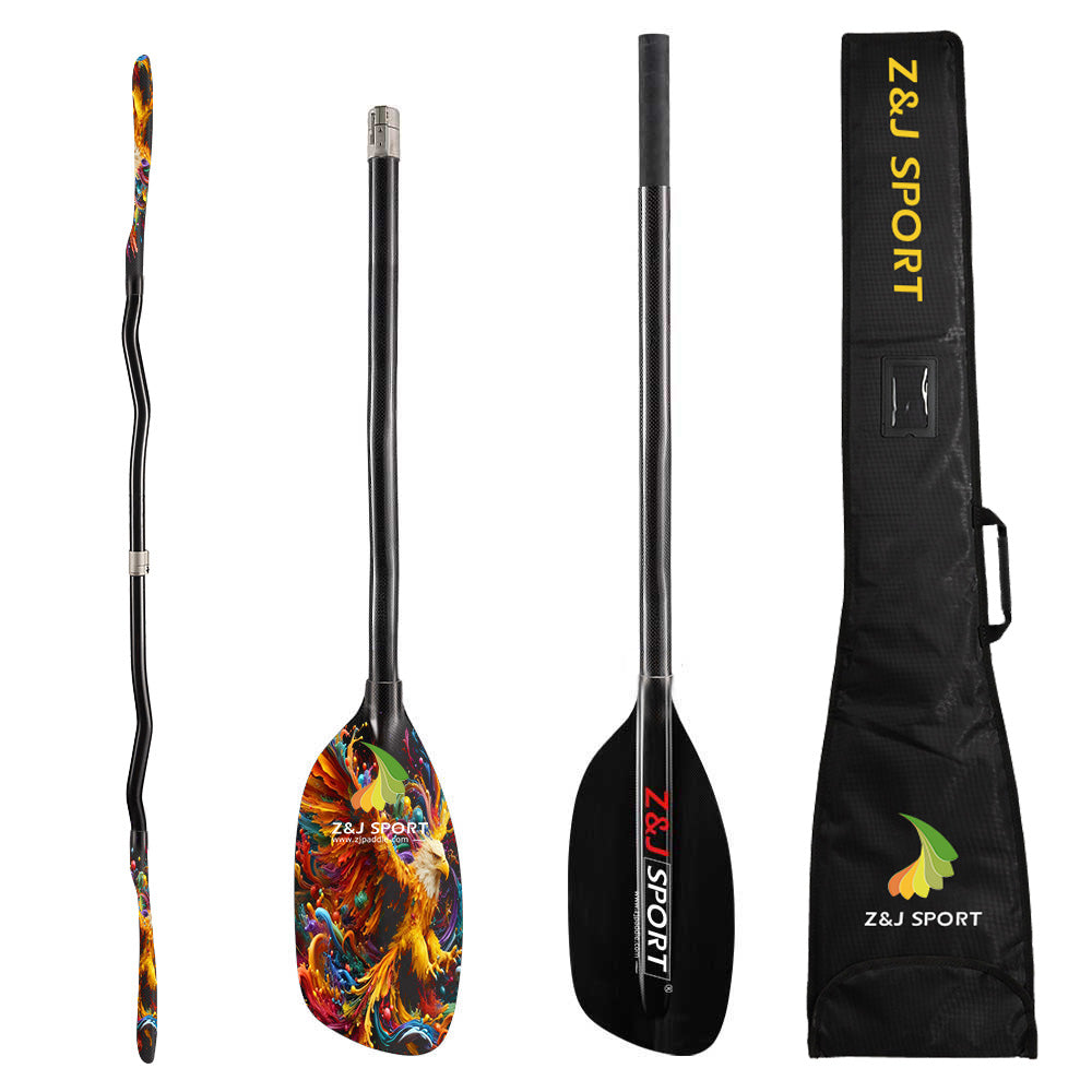 ZJ Full Carbon Whitewater Kayaking Paddle with Graphic Blade and Cranked Shaft and Paddle Bag