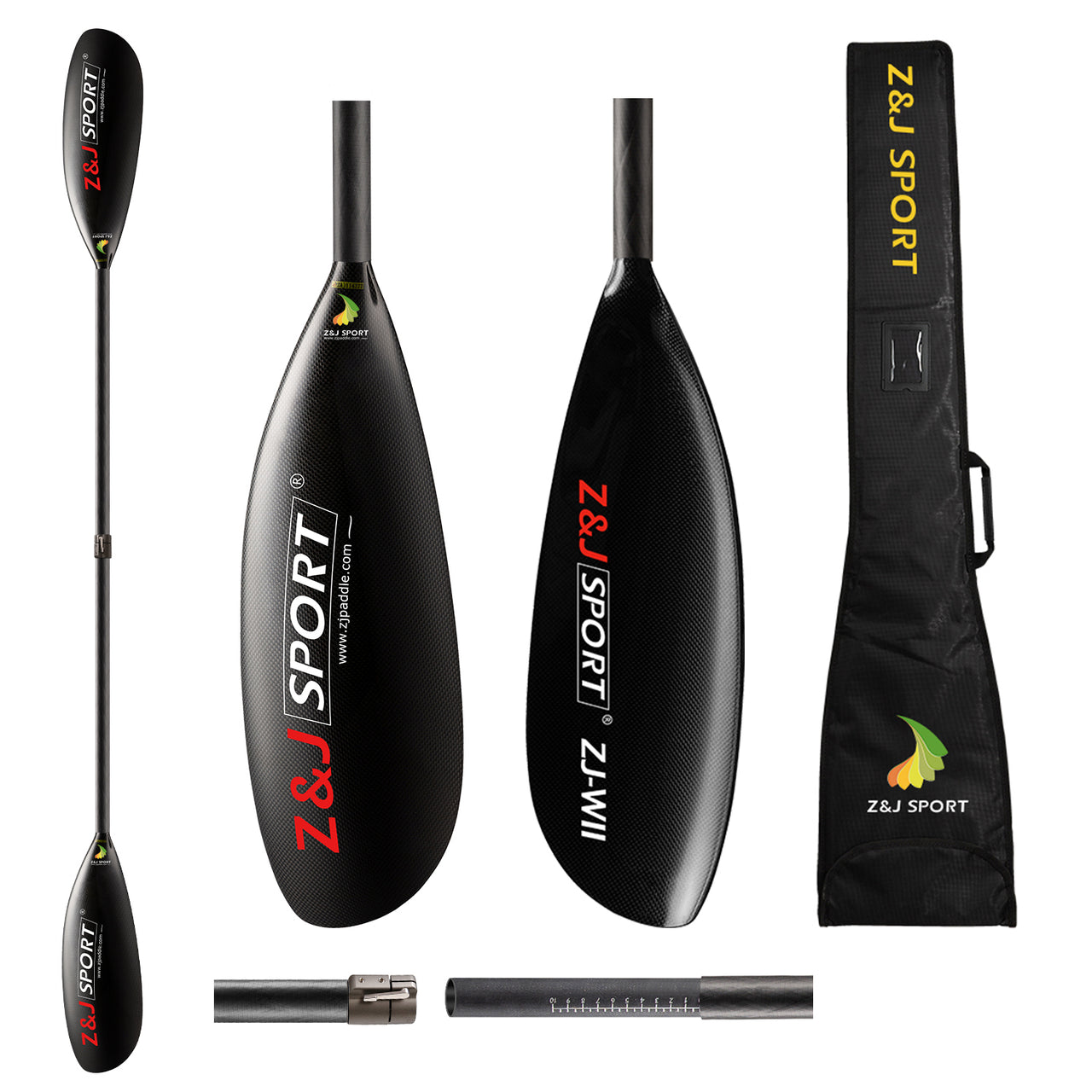 ZJ Full Carbon Kayak Paddle Matte Black Wing Blade with Straight Oval Shaft W Series 720/735/750/820/845 cm²