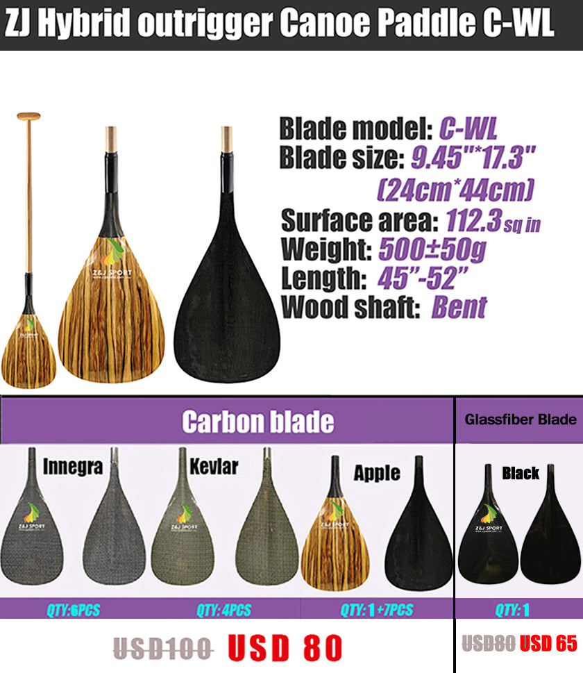 ZJ Hybrid Outrigger Canoe Paddle With C-WL Fiberglass or Carbon Blade in Discount