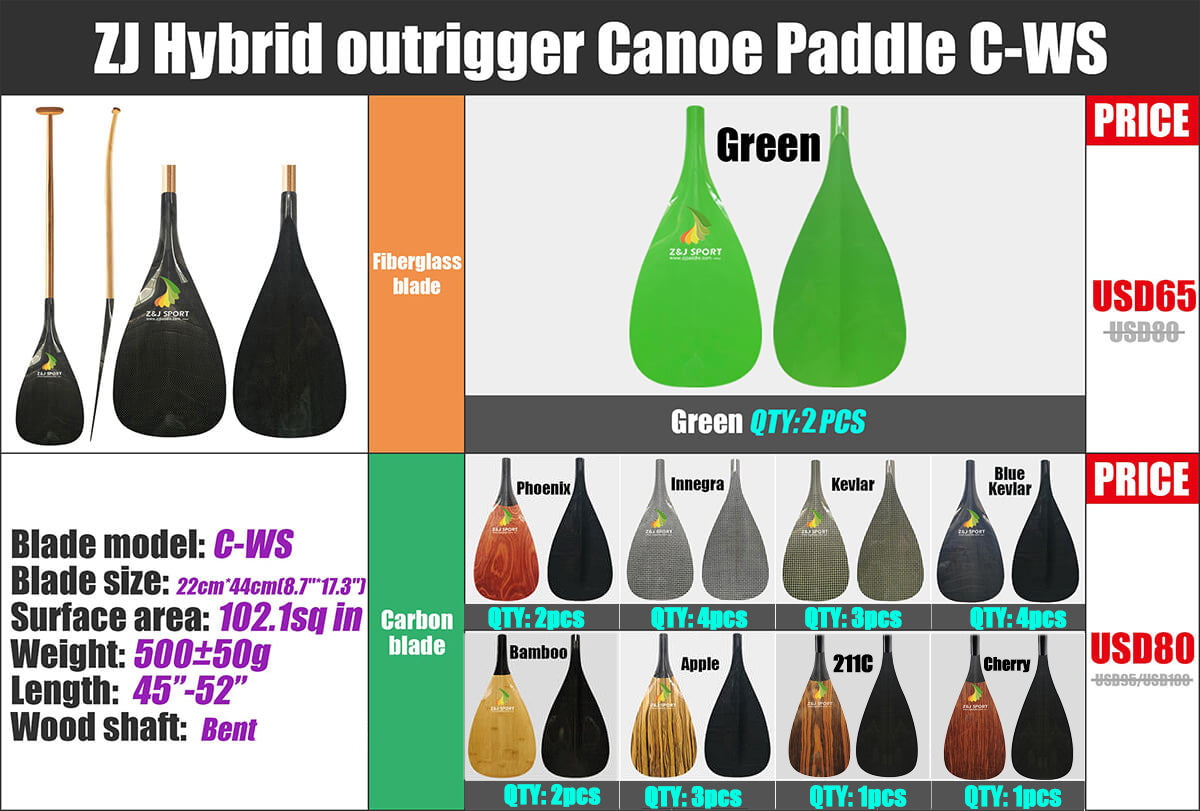 ZJ Hybrid Outrigger Canoe Paddle with C-WS Fiberglass or Carbon/Innegra/Kevlar Blade