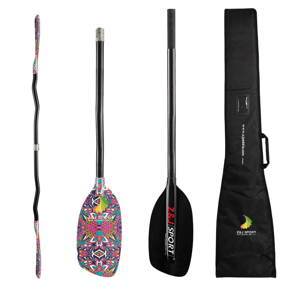 ZJ Full Carbon Whitewater Kayaking Paddle with Graphic Blade and Cranked Shaft and Paddle Bag