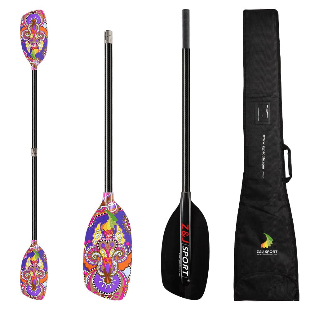 ZJ Full Carbon Whitewater Kayaking Paddle with Graphic Blade and Straight Shaft and Paddle Bag