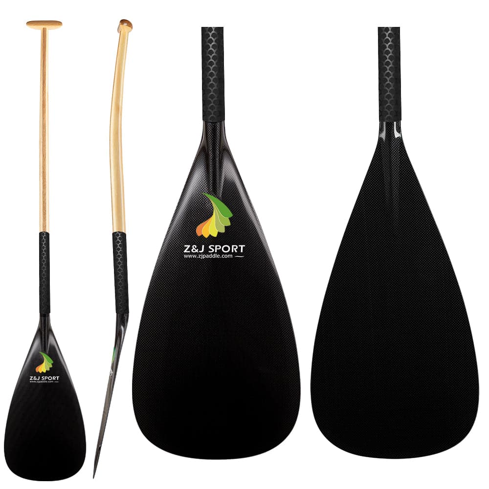 ZJ Hybrid Outrigger Canoe Paddle for Va'a, Waka-ama, Vaka Carbon Blade Upper Bent Wood Shaft with Anti Skid Grip (HCOC-UB)