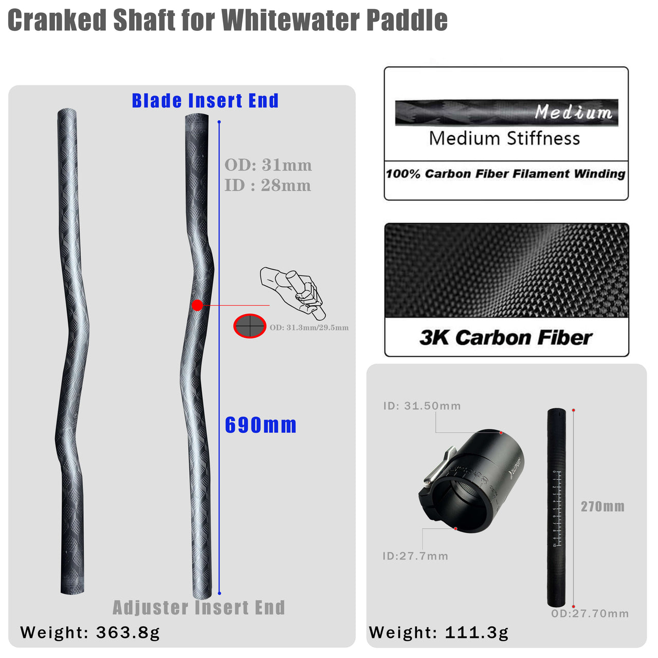 ZJ Straight and Cranked Shaft Replacement for Whitewater Kayak Paddle