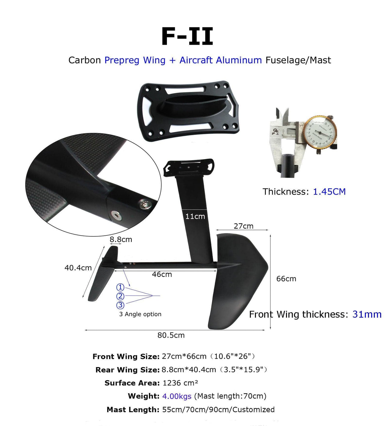 ZJ Hidrofólio de carbono para SUP Paddle Board Foil F-II com asas de carbono e mastro de alumínio